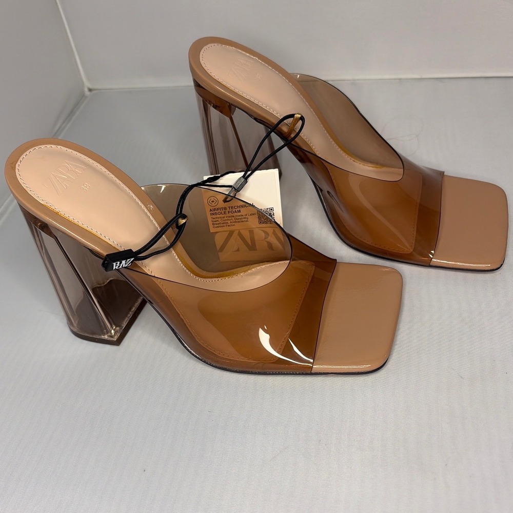 NWT Zara Tan Transparent Block Heel Mules